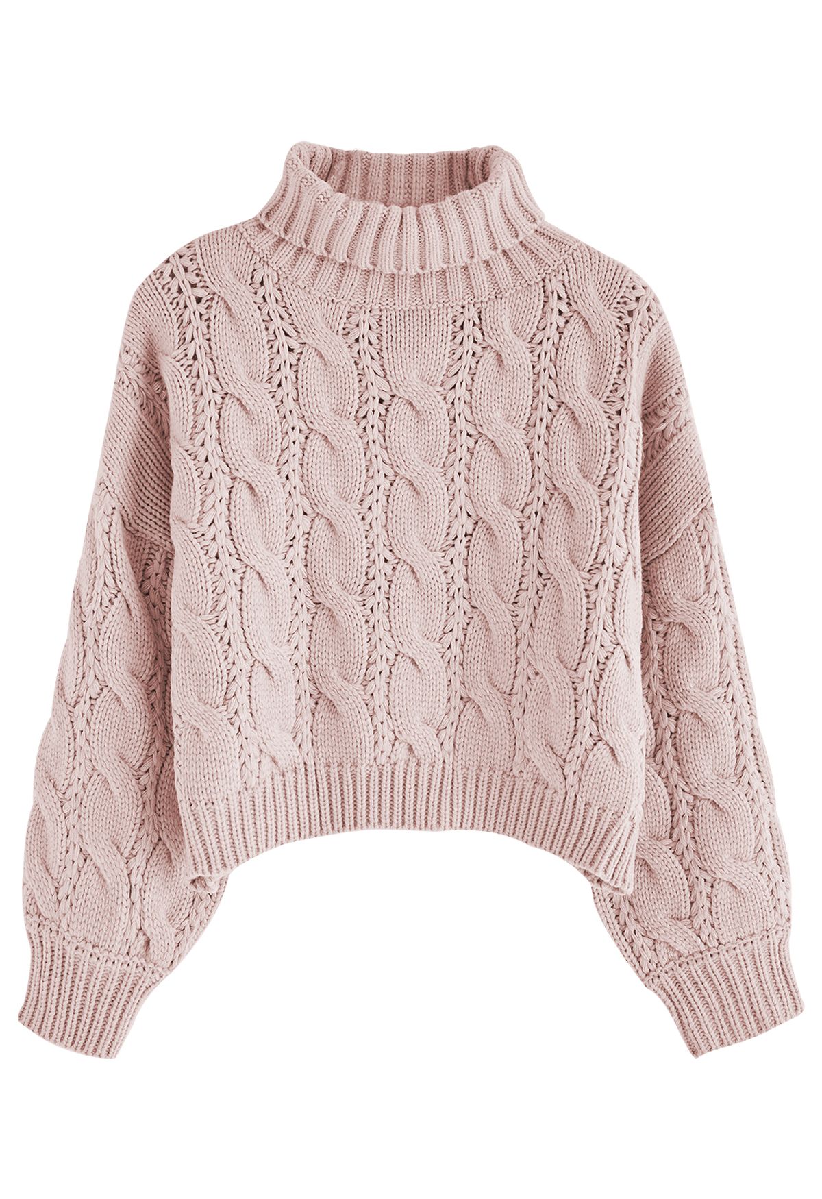 Turtleneck Braid Knit Crop Sweater in Pink