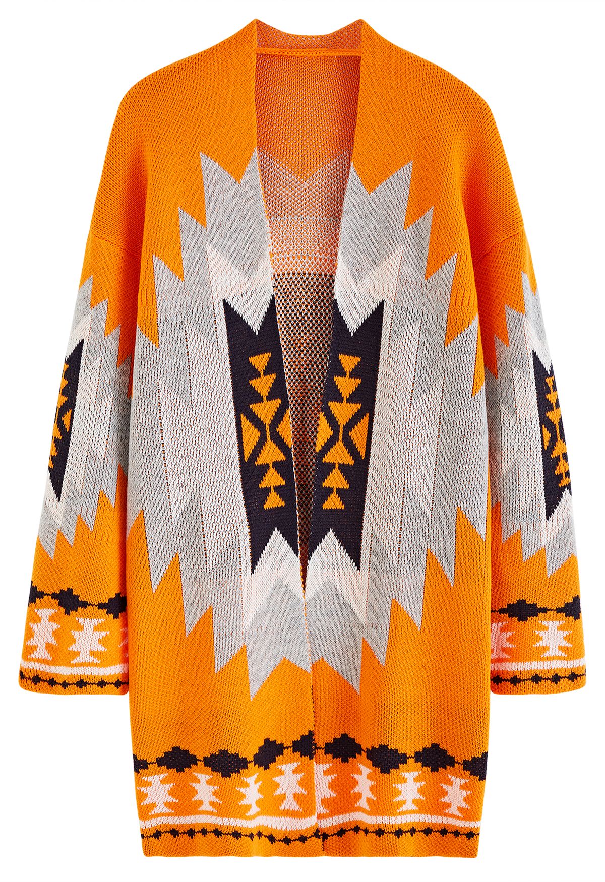 Retro Geometric Pattern Open Front Longline Knit Cardigan