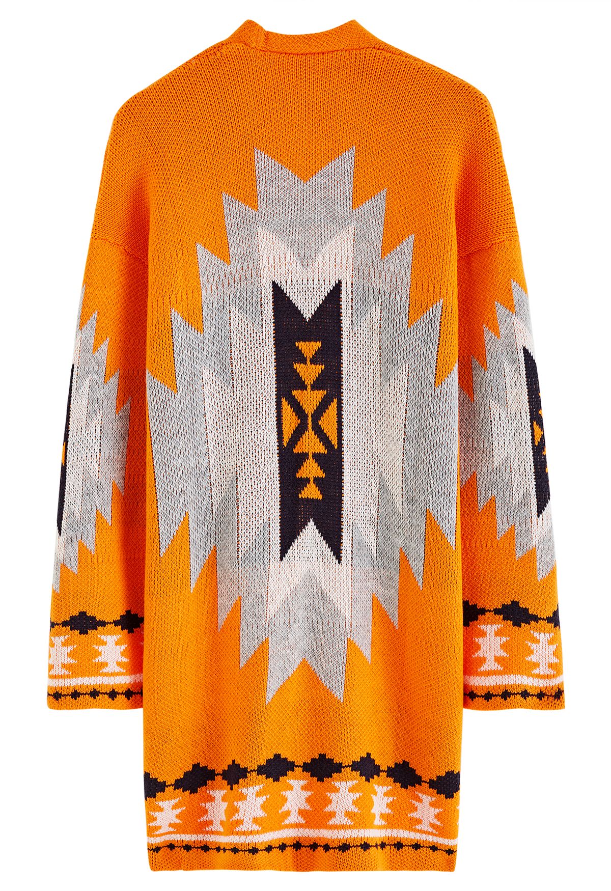 Retro Geometric Pattern Open Front Longline Knit Cardigan