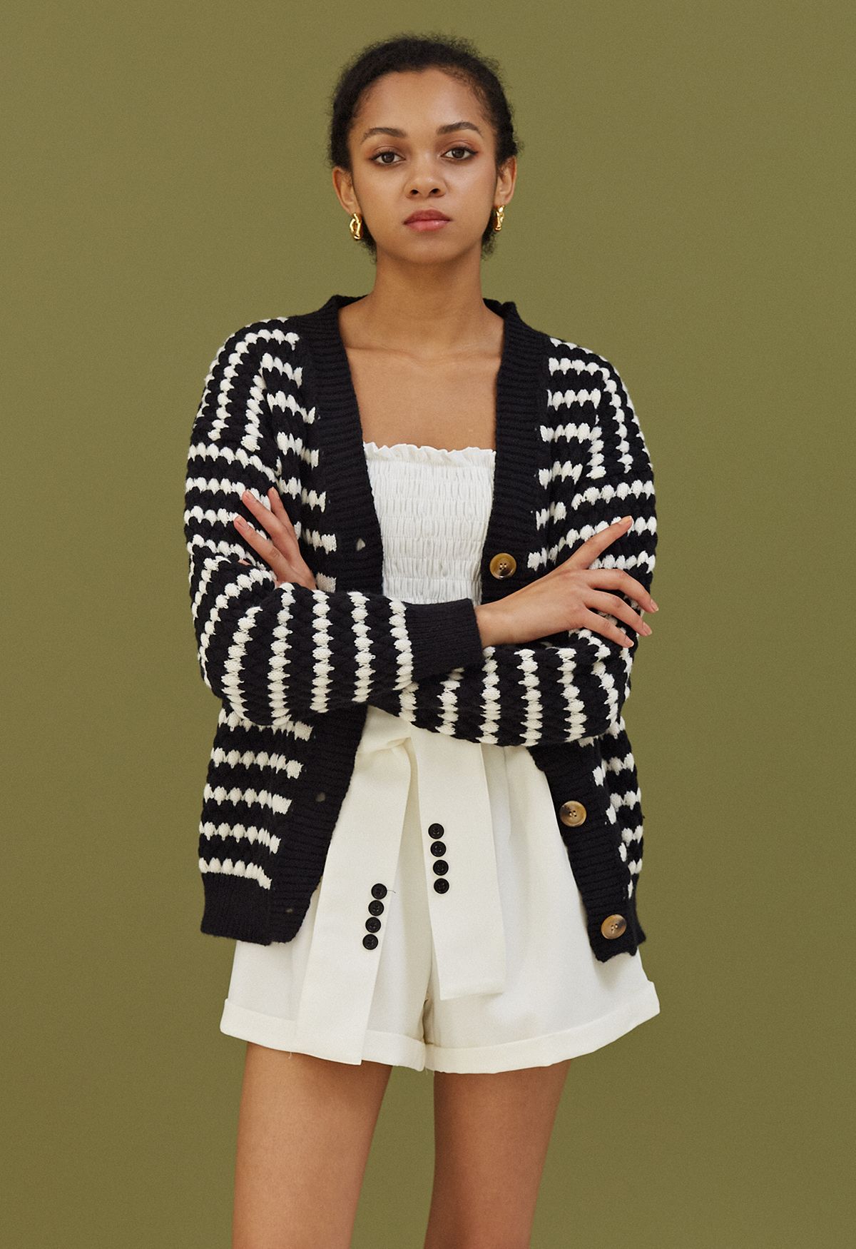 Button Down Striped Embossed Knit Cardigan in Black