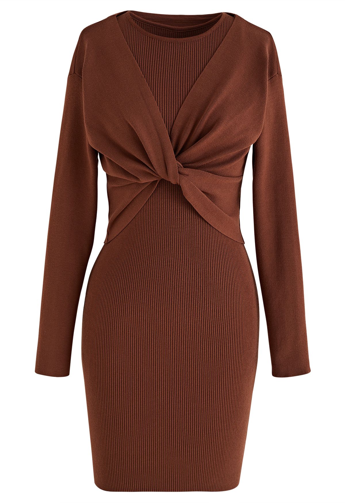 Twist Front Two-Piece Bodycon Knit Dress in Caramel