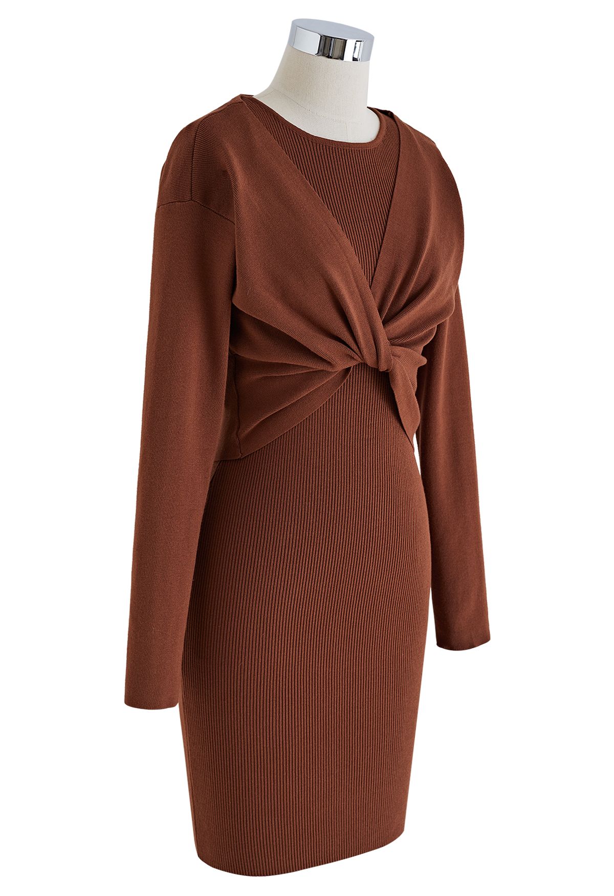 Twist Front Two-Piece Bodycon Knit Dress in Caramel