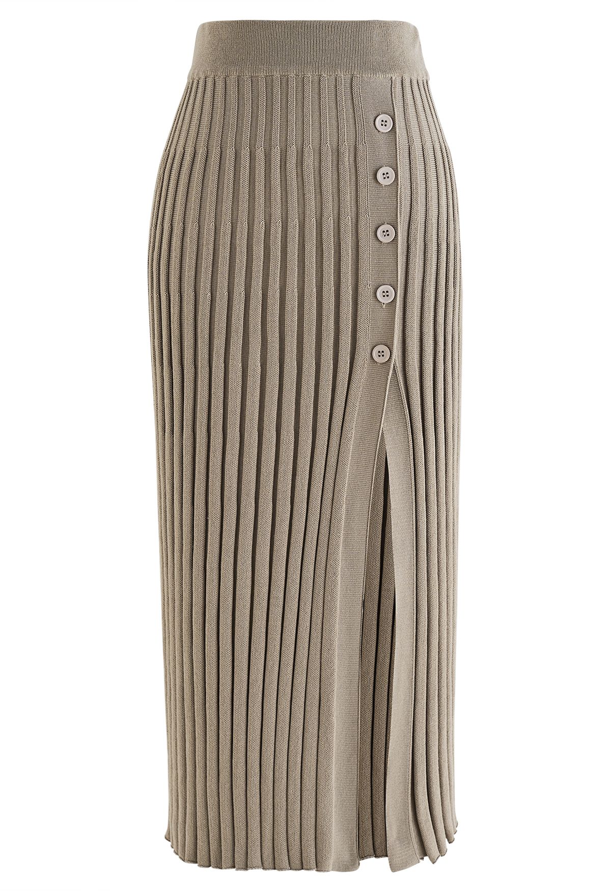 Buttoned Front Slit Rib Knit Skirt in Taupe