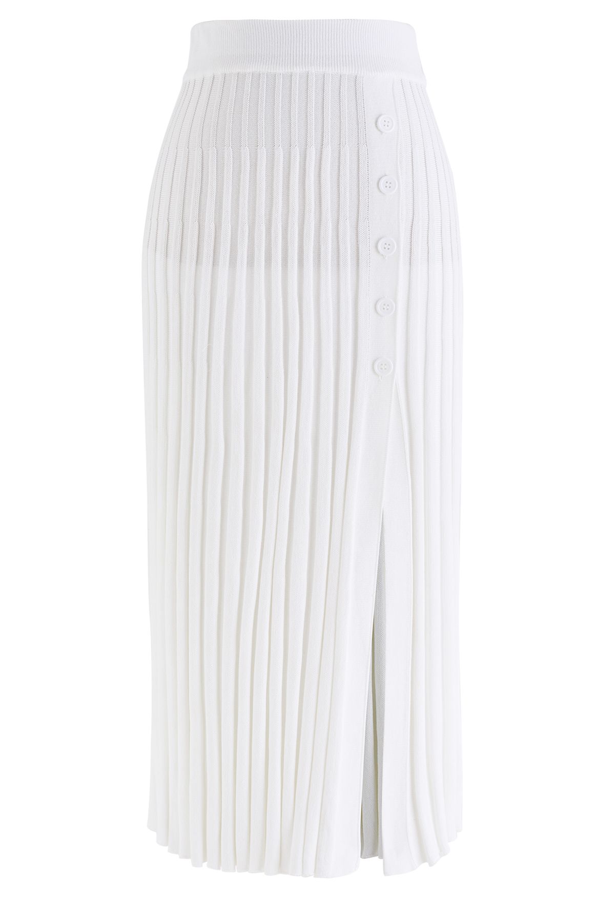 Buttoned Front Slit Rib Knit Skirt in White