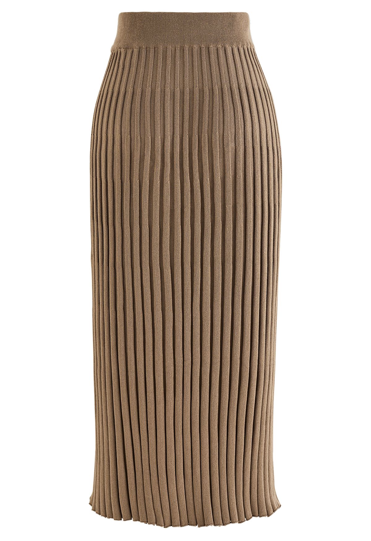 Buttoned Front Slit Rib Knit Skirt in Tan