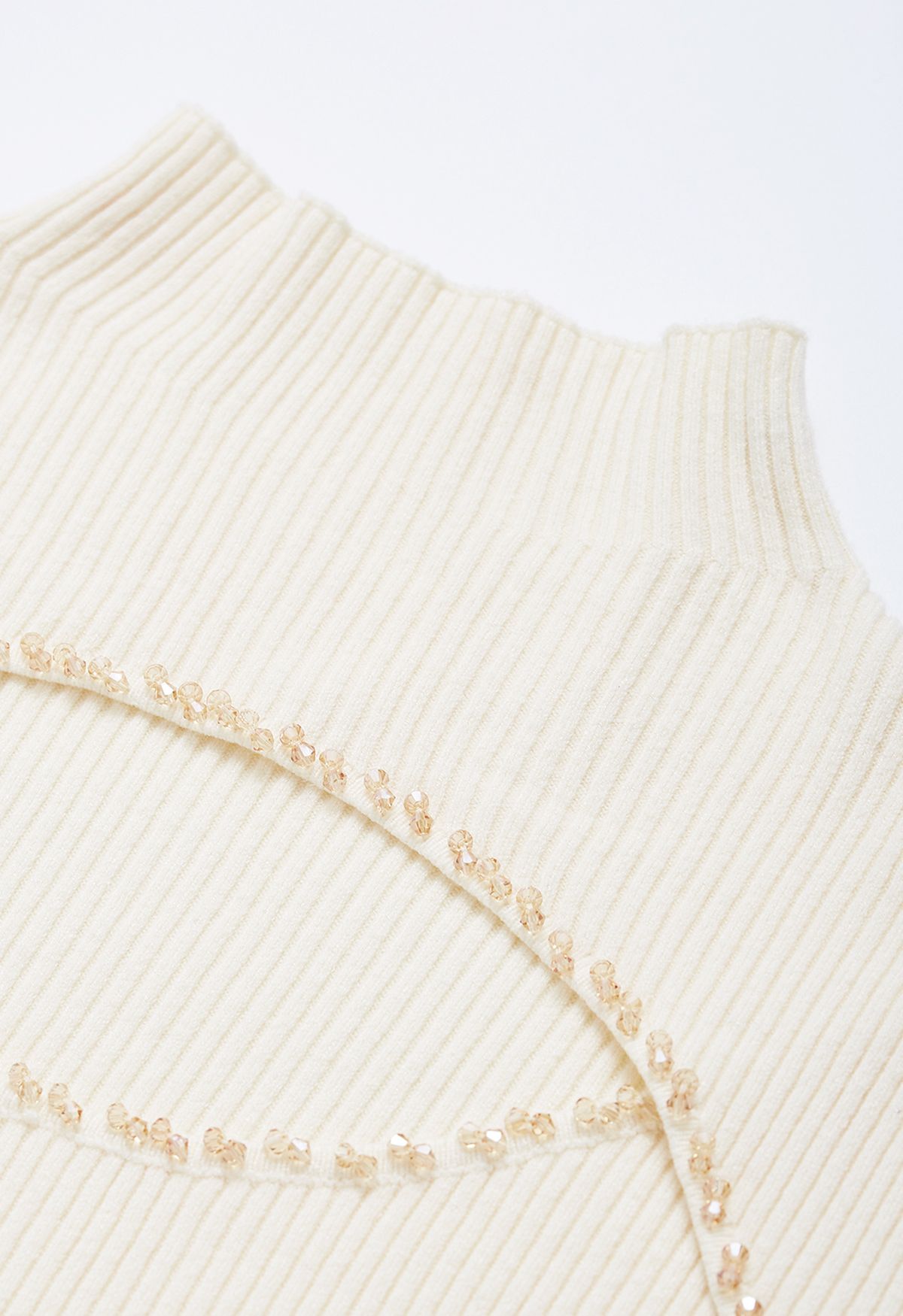 Crystal Trim Cutout High Neck Knit Top in Cream