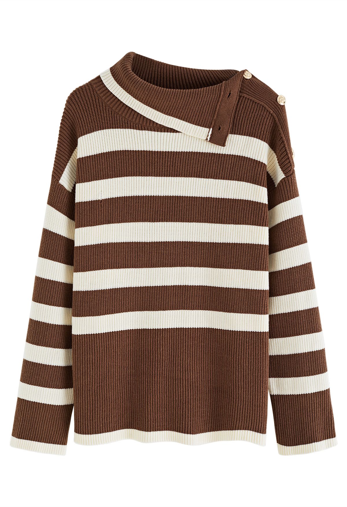 Buttoned Neck Striped Oversize Sweater in Brown