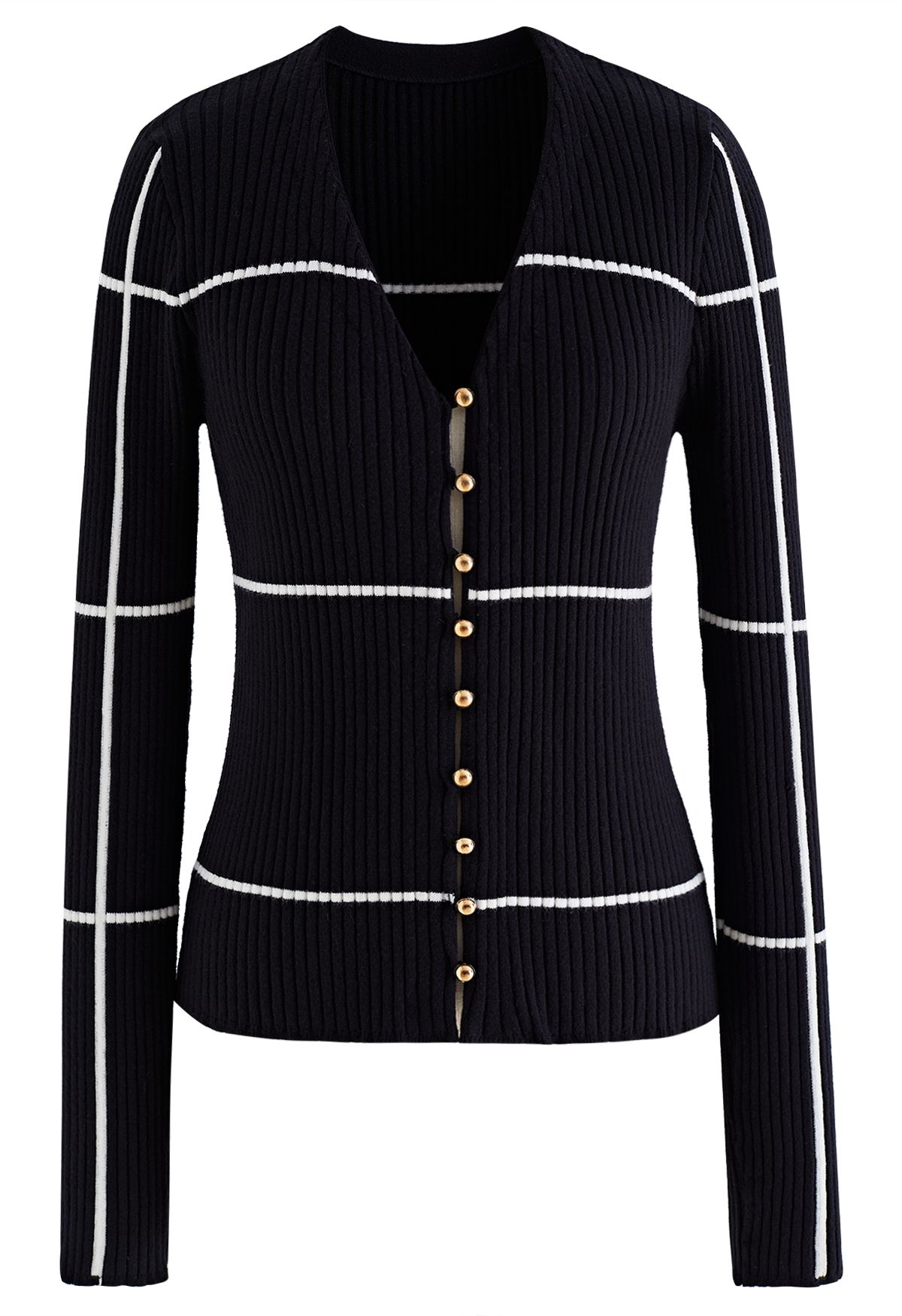 Grid V-Neck Buttoned Sweater in Black