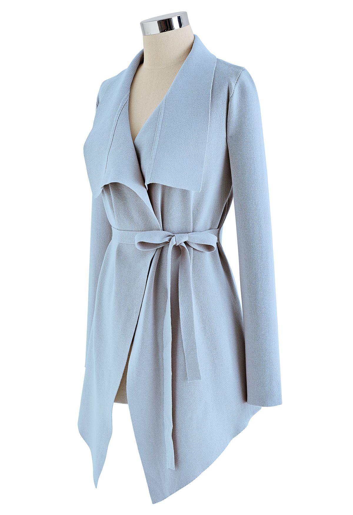 Wide Lapel Tie Waist Knit Cardigan in Baby Blue