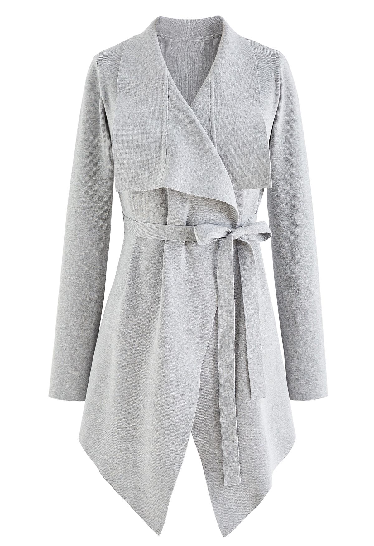 Wide Lapel Tie Waist Knit Cardigan in Grey