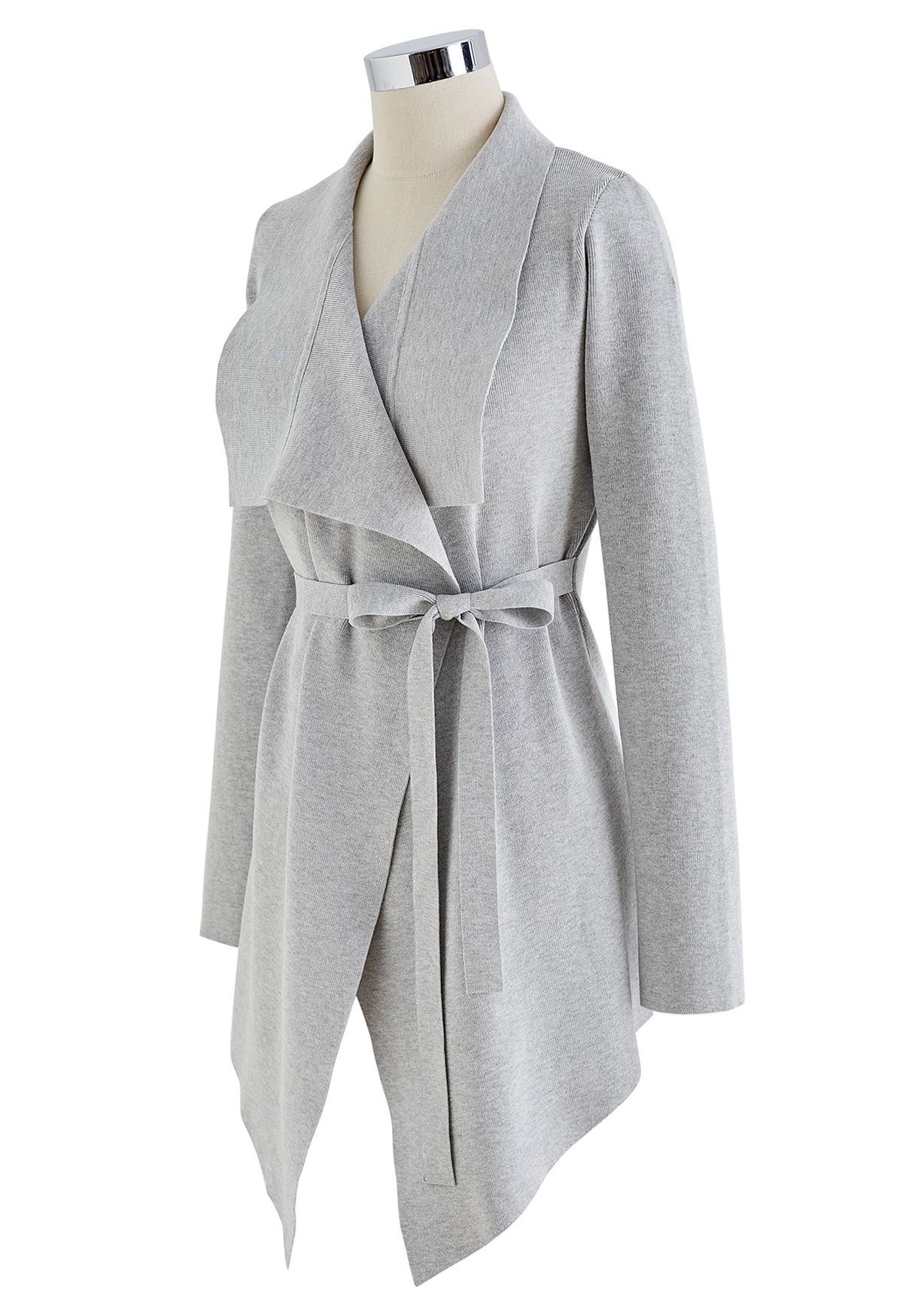 Wide Lapel Tie Waist Knit Cardigan in Grey