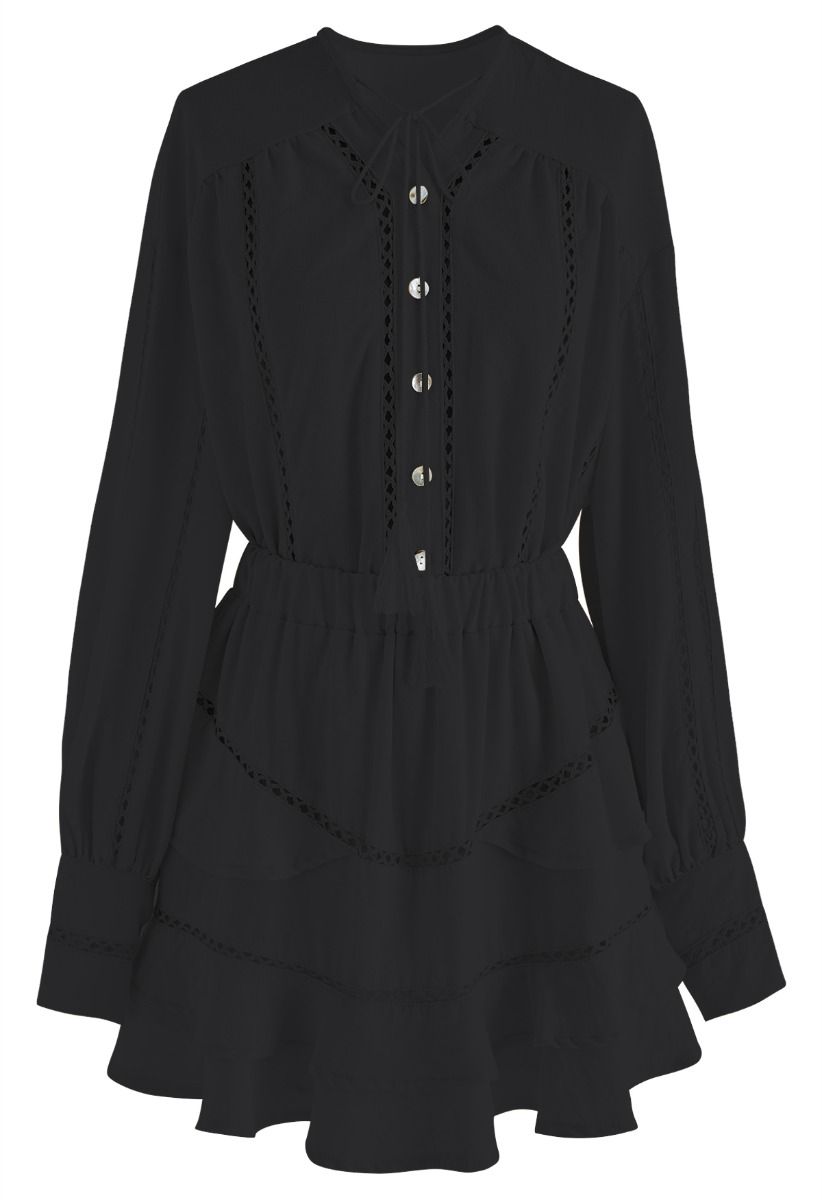 Hollow Out Tassel Shirt and Tiered Mini Skirt Set in Black