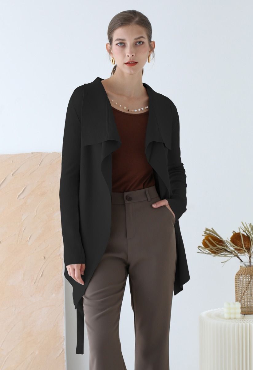 Wide Lapel Tie Waist Knit Cardigan in Black