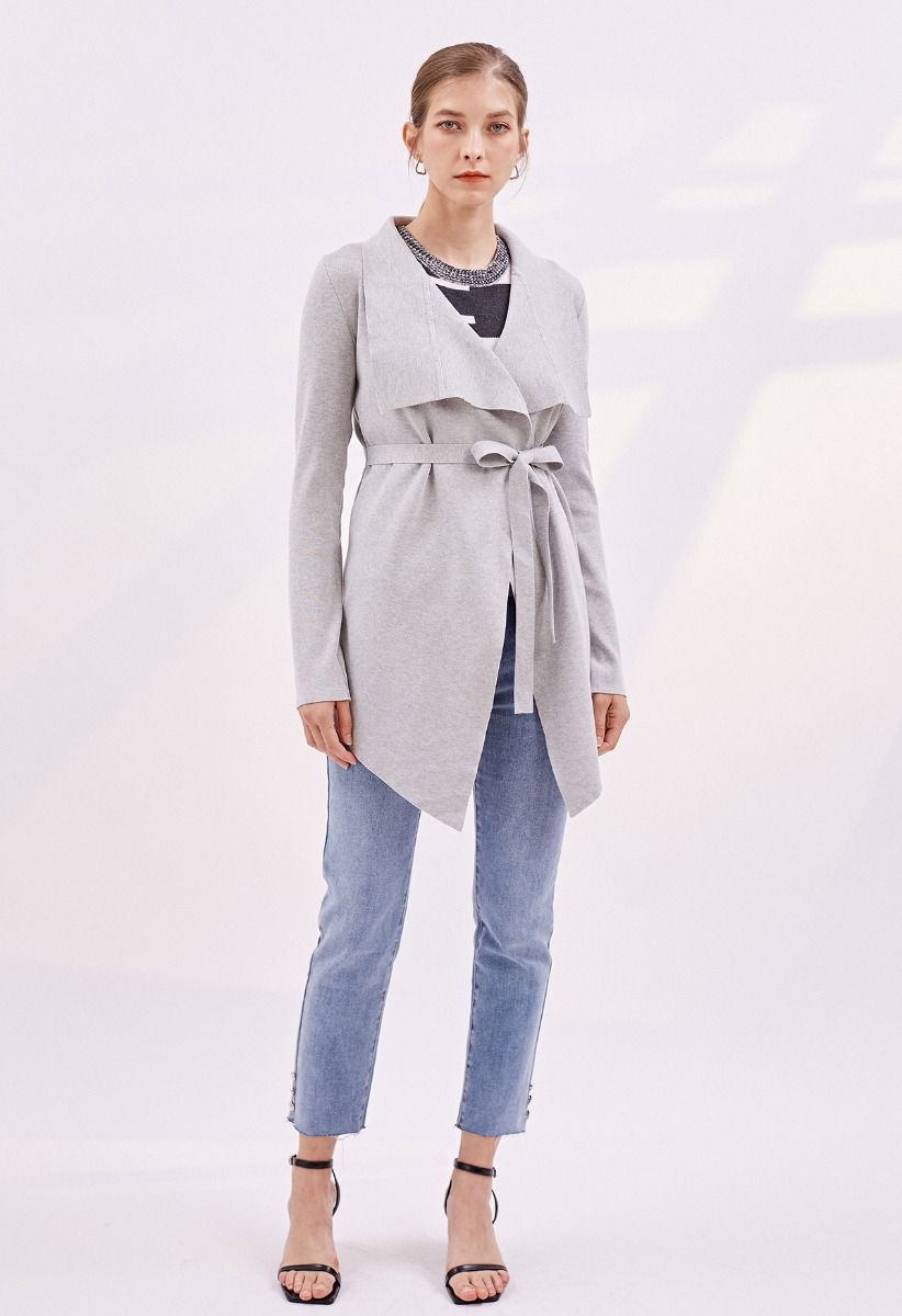 Wide Lapel Tie Waist Knit Cardigan in Grey