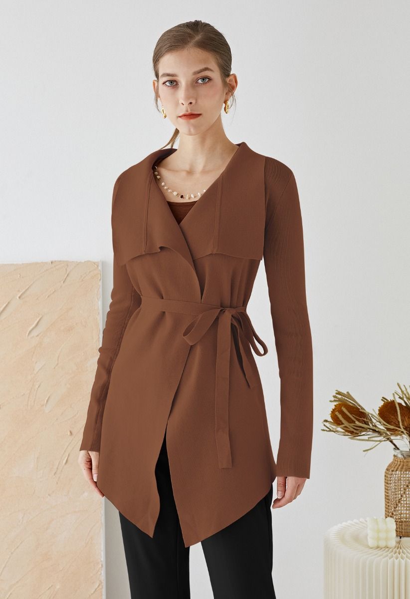 Wide Lapel Tie Waist Knit Cardigan in Brown