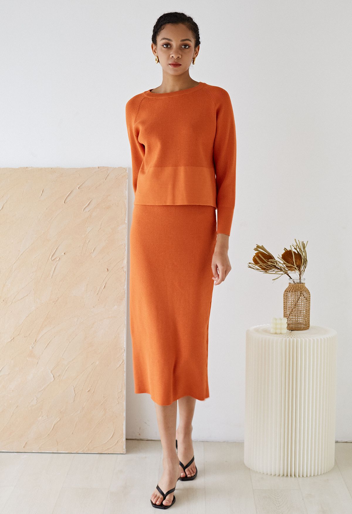 Comfy Ribbed Knit Top and Midi Skirt Set in Orange