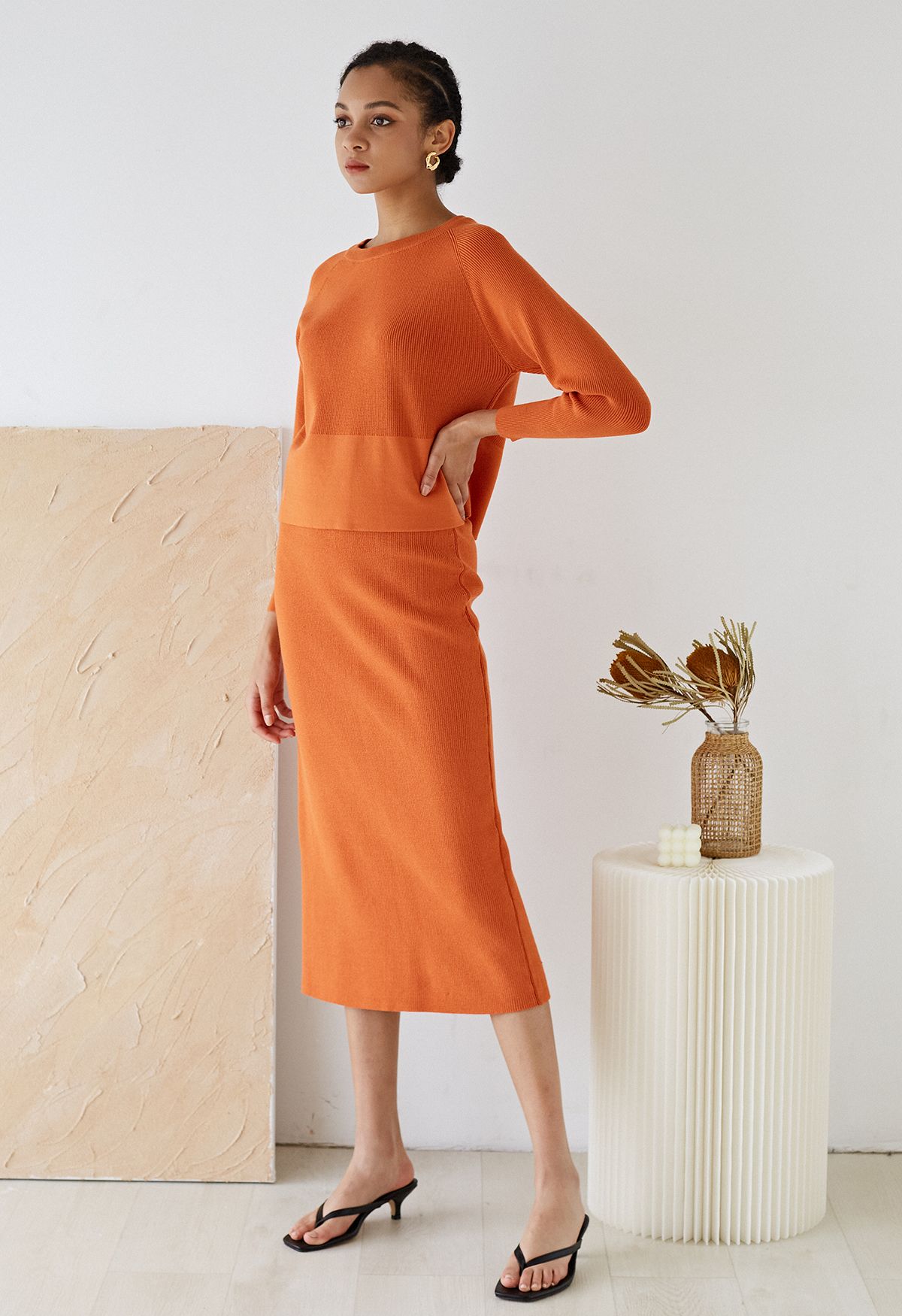 Comfy Ribbed Knit Top and Midi Skirt Set in Orange