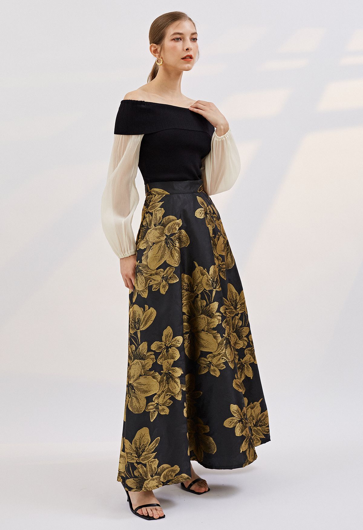 Golden Dahlia Blossom Jacquard Maxi Skirt