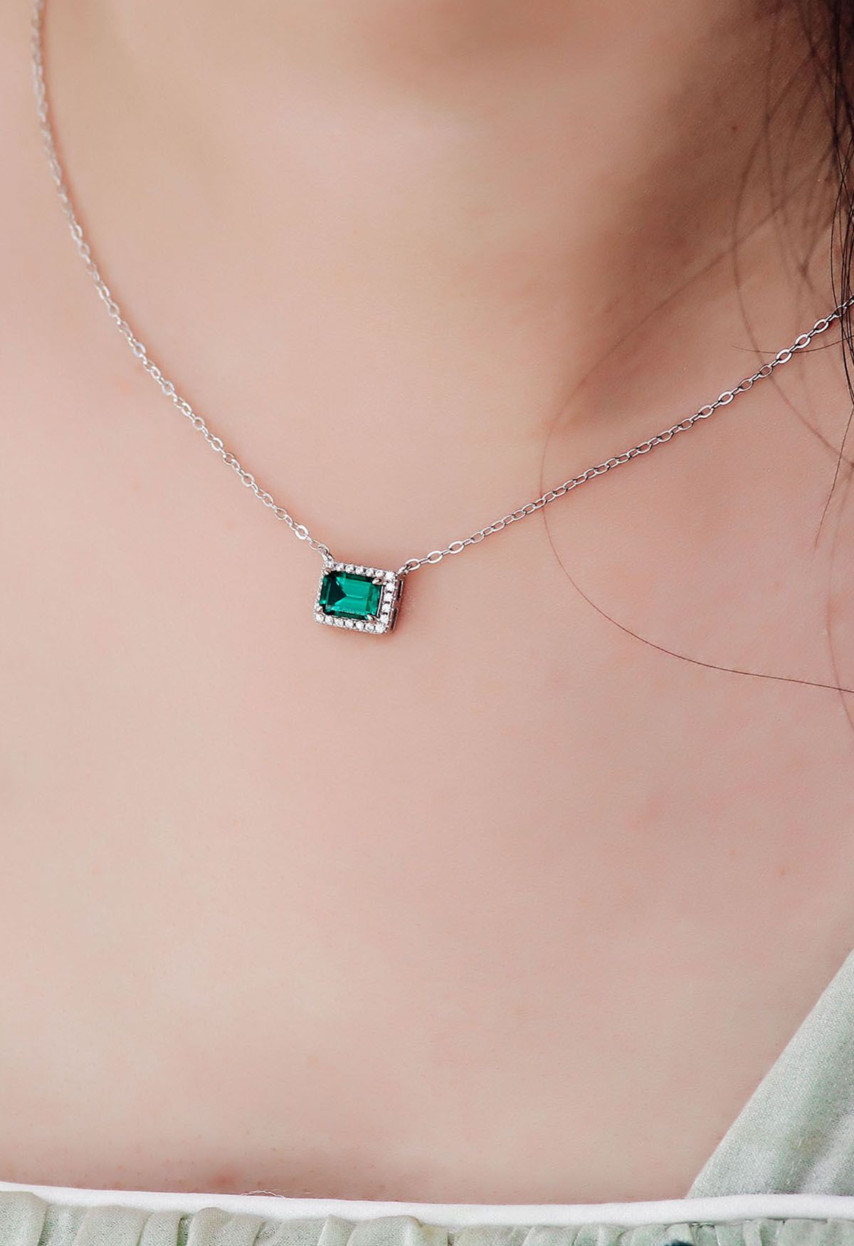 Emerald Cut Halo Gem Necklace