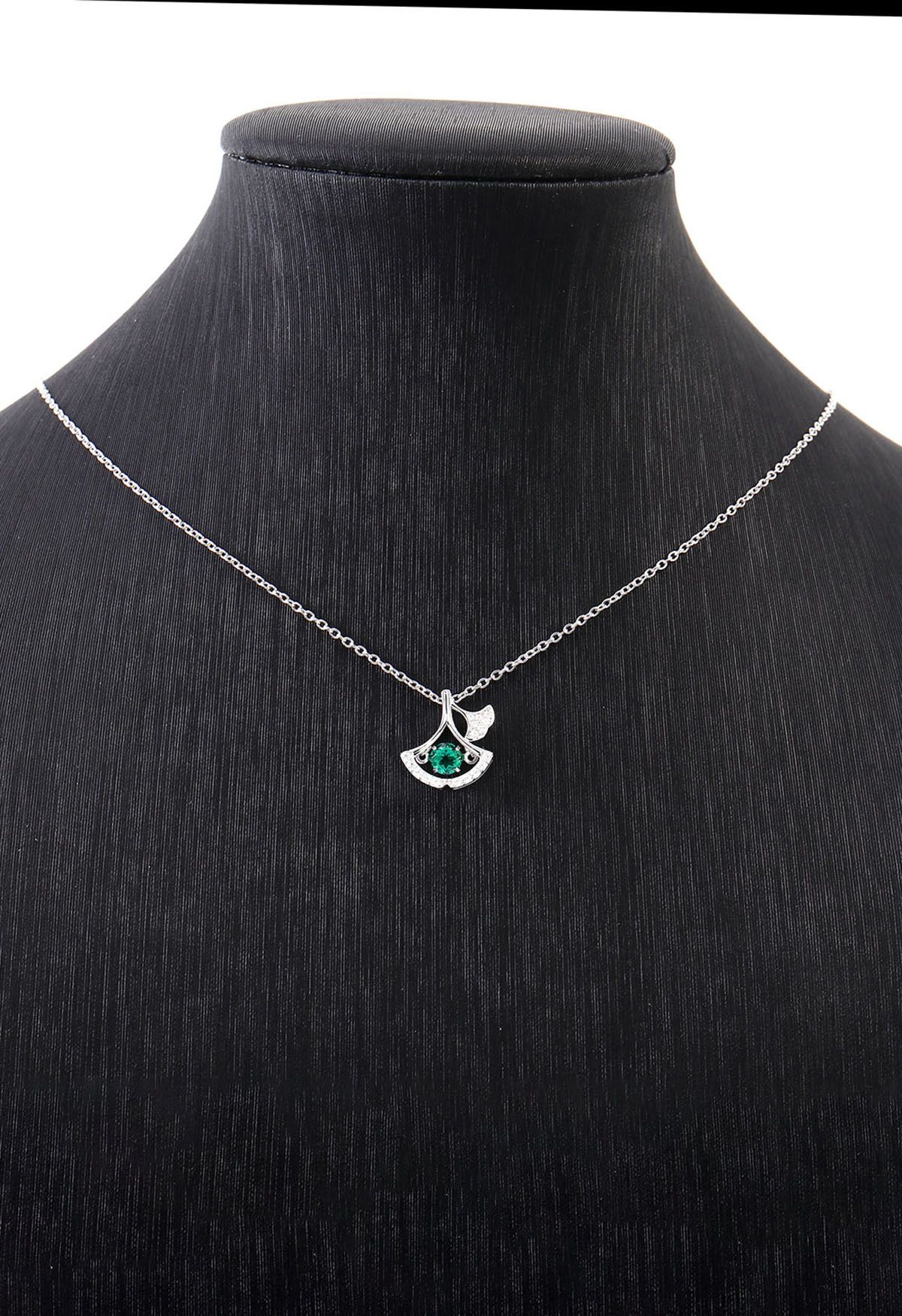 Hollow Out Fan Shape Emerald Gem Necklace 