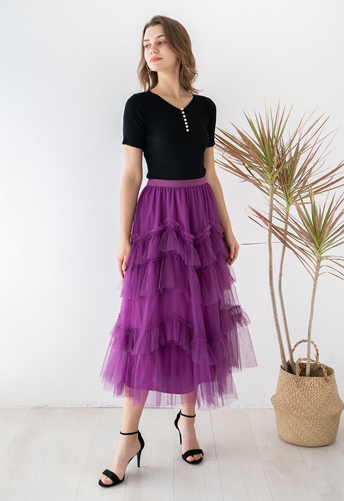 Exquisite Tiered Ruffle Mesh Tulle Skirt in Magenta