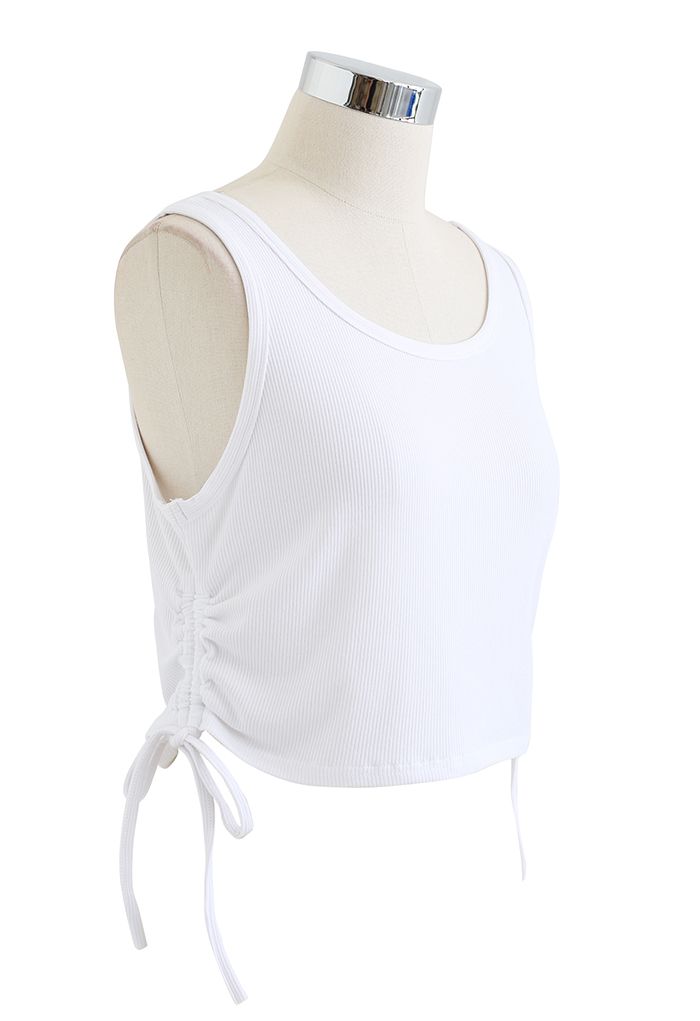 Drawstring Ribbed Cropped Tank Top in White