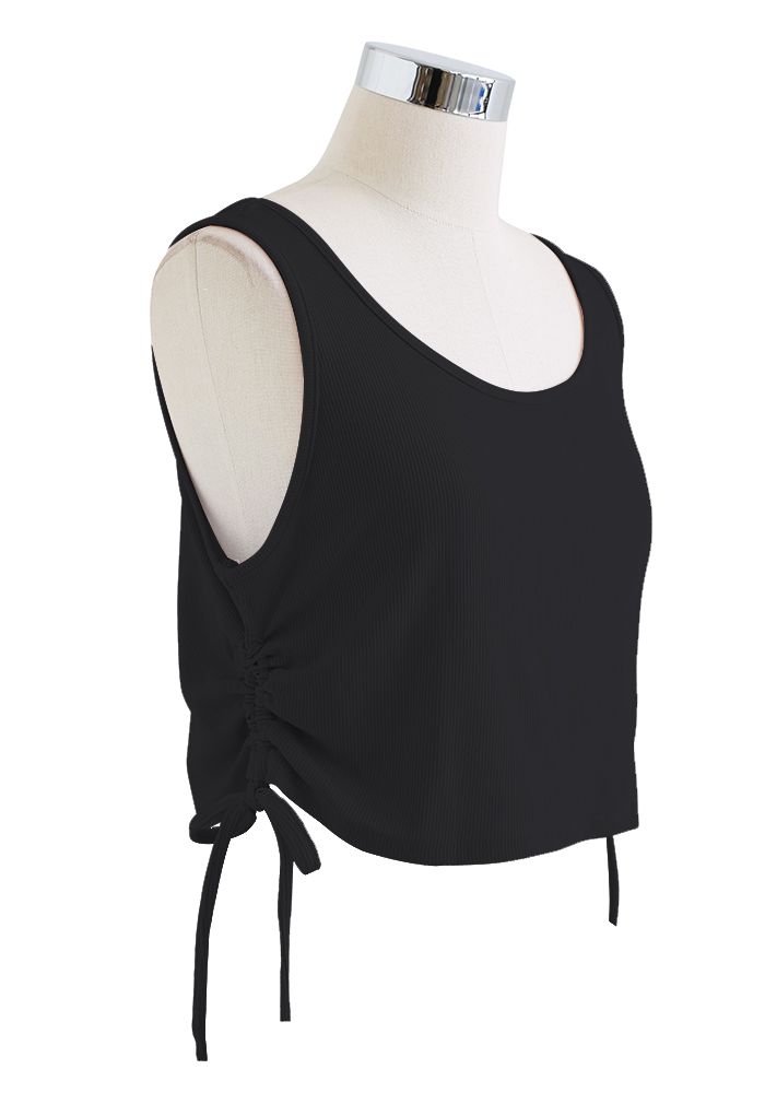 Drawstring Ribbed Cropped Tank Top in Black