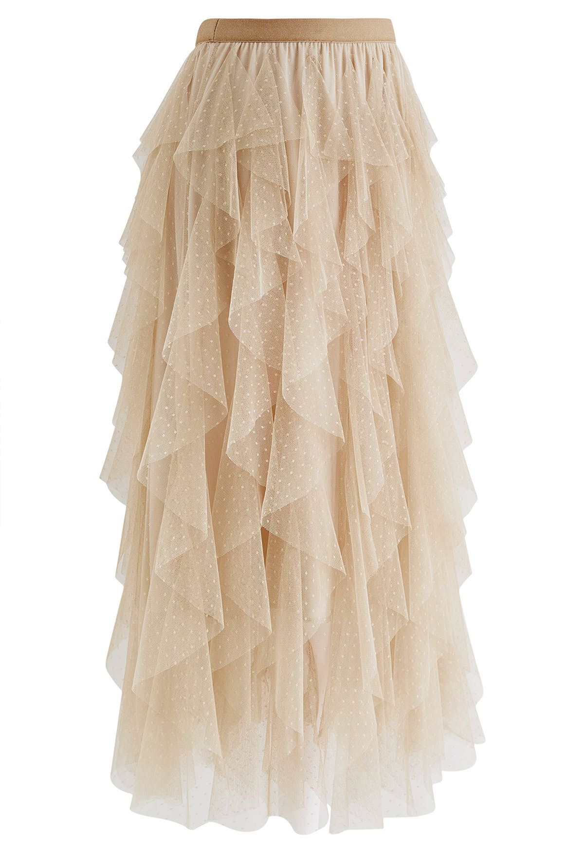 Dots Full Ruffled Tulle Skirt in Light Tan