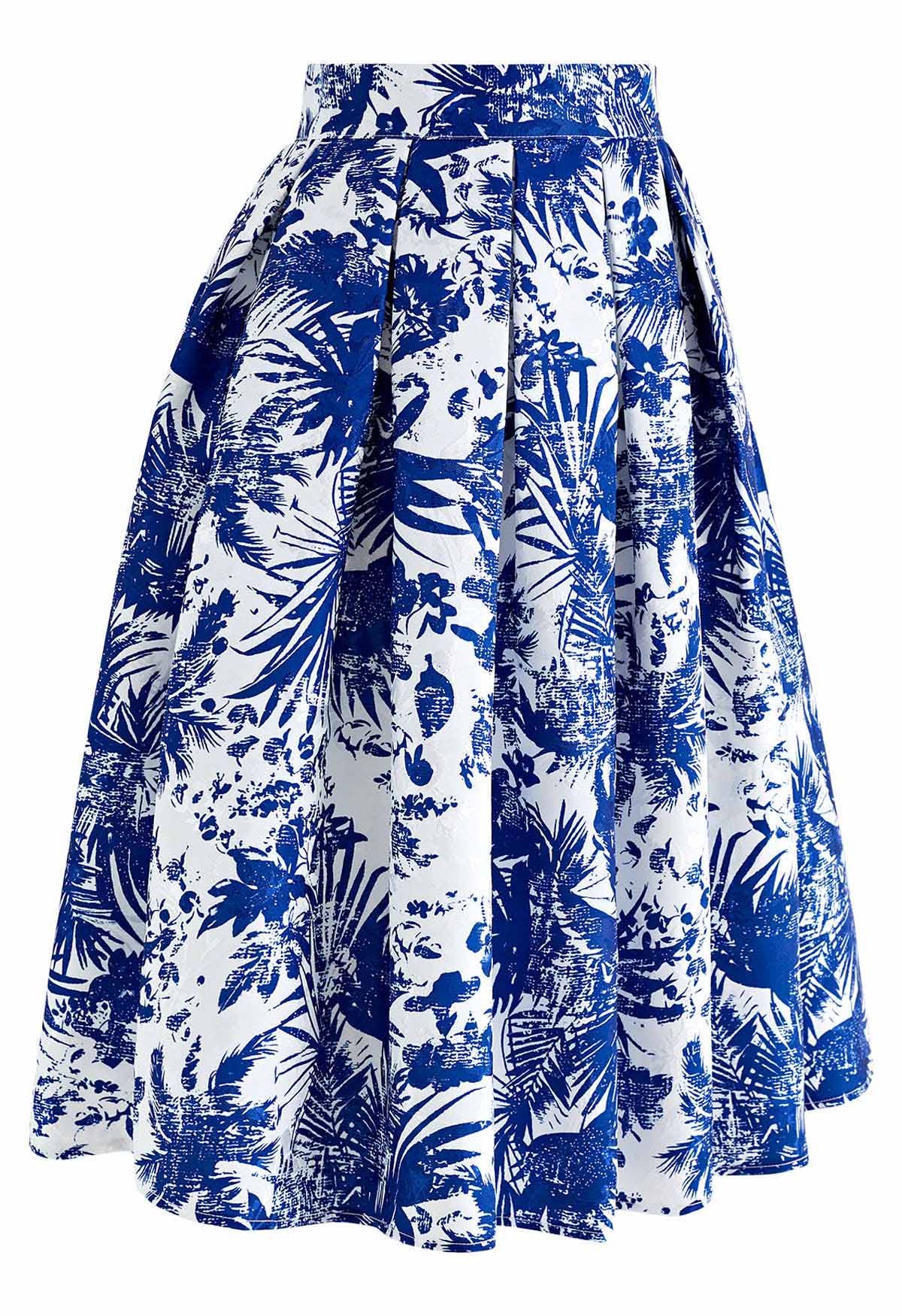 Tropical Groove Jacquard Pleated Midi Skirt in Navy