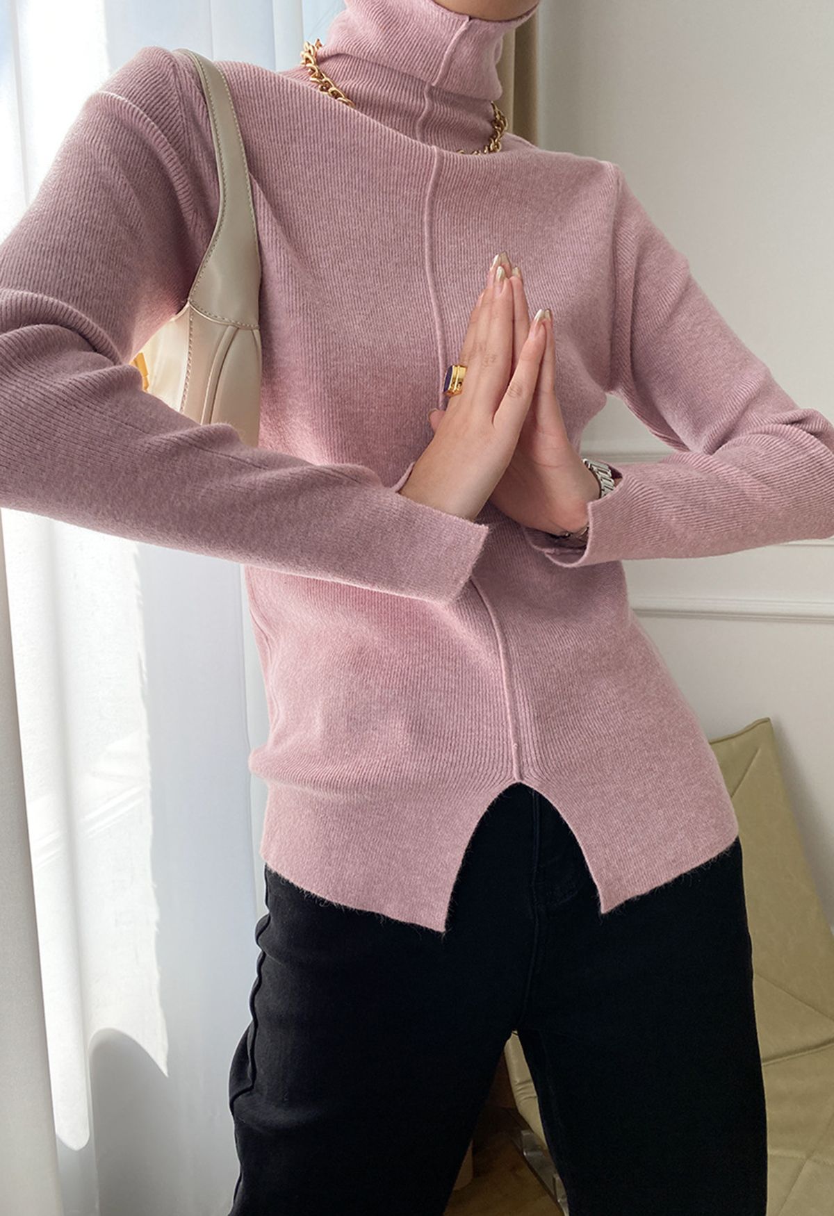 Seam Detail High Neck Slit Knit Top in Pink