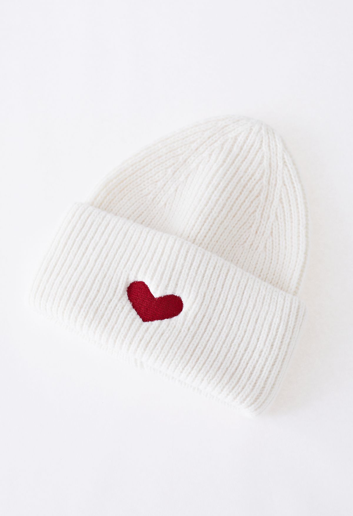 Heart Patch Folded Beanie Hat in White