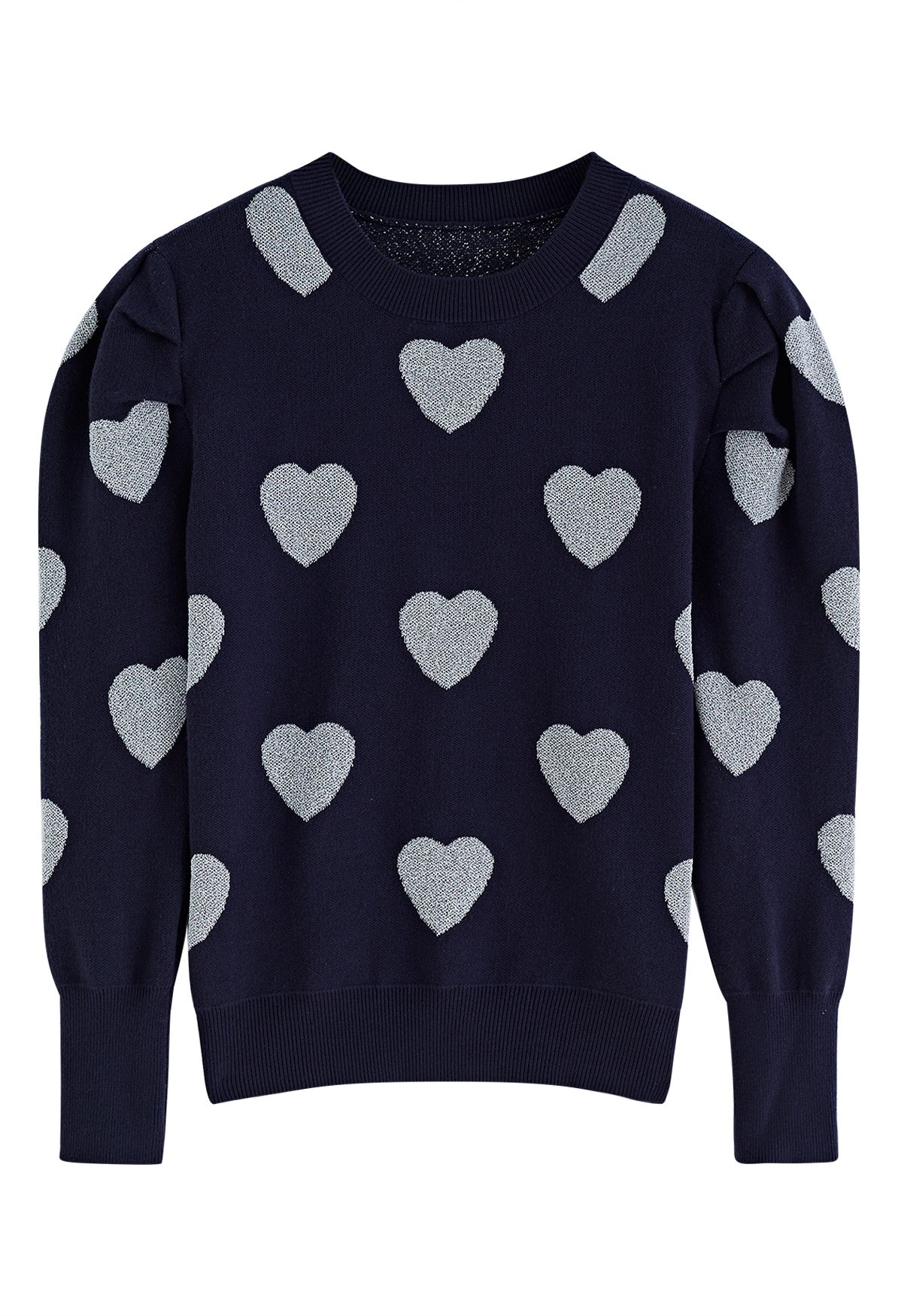 Metallic Heart Puff Shoulder Knit Sweater in Navy