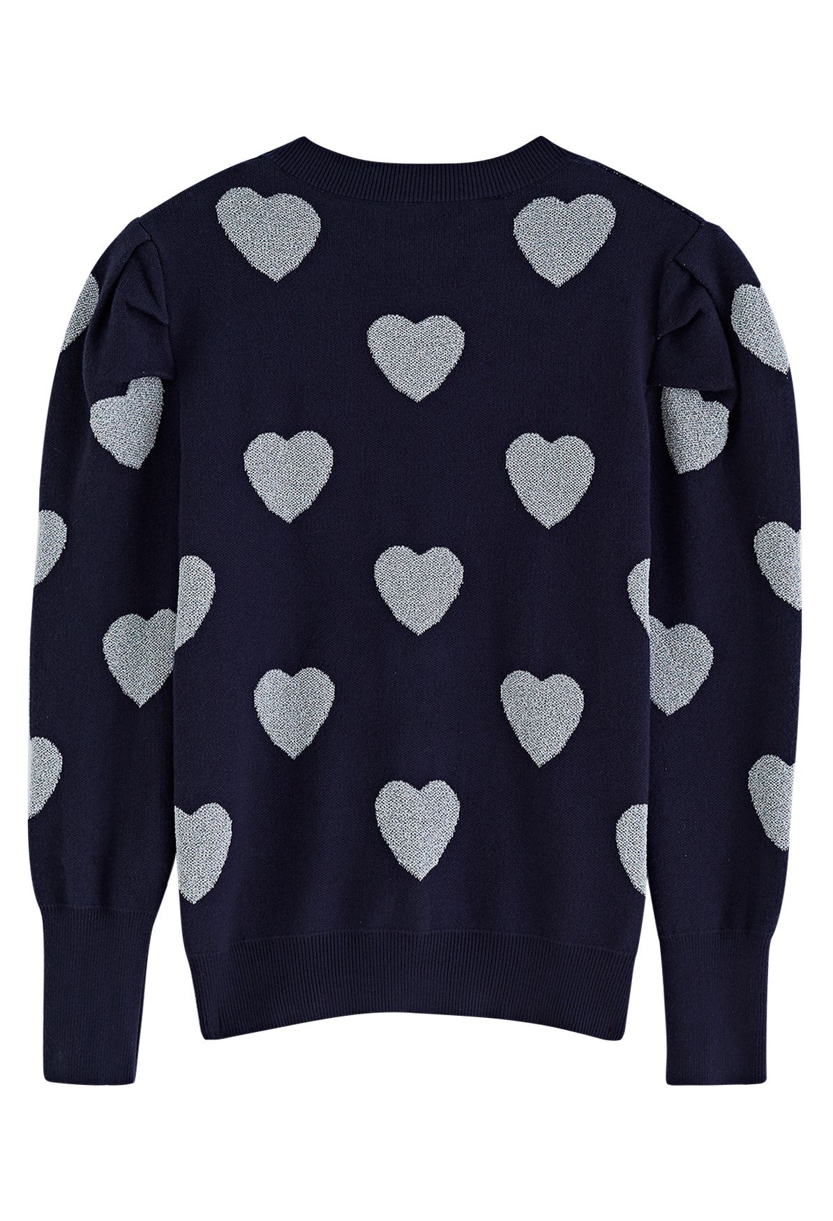 Metallic Heart Puff Shoulder Knit Sweater in Navy