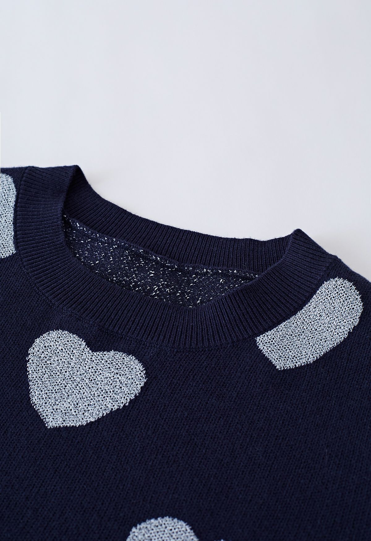 Metallic Heart Puff Shoulder Knit Sweater in Navy