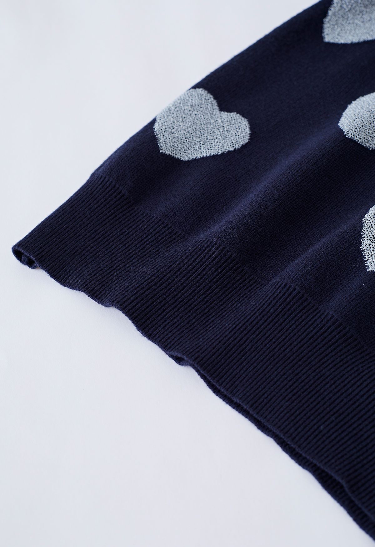 Metallic Heart Puff Shoulder Knit Sweater in Navy