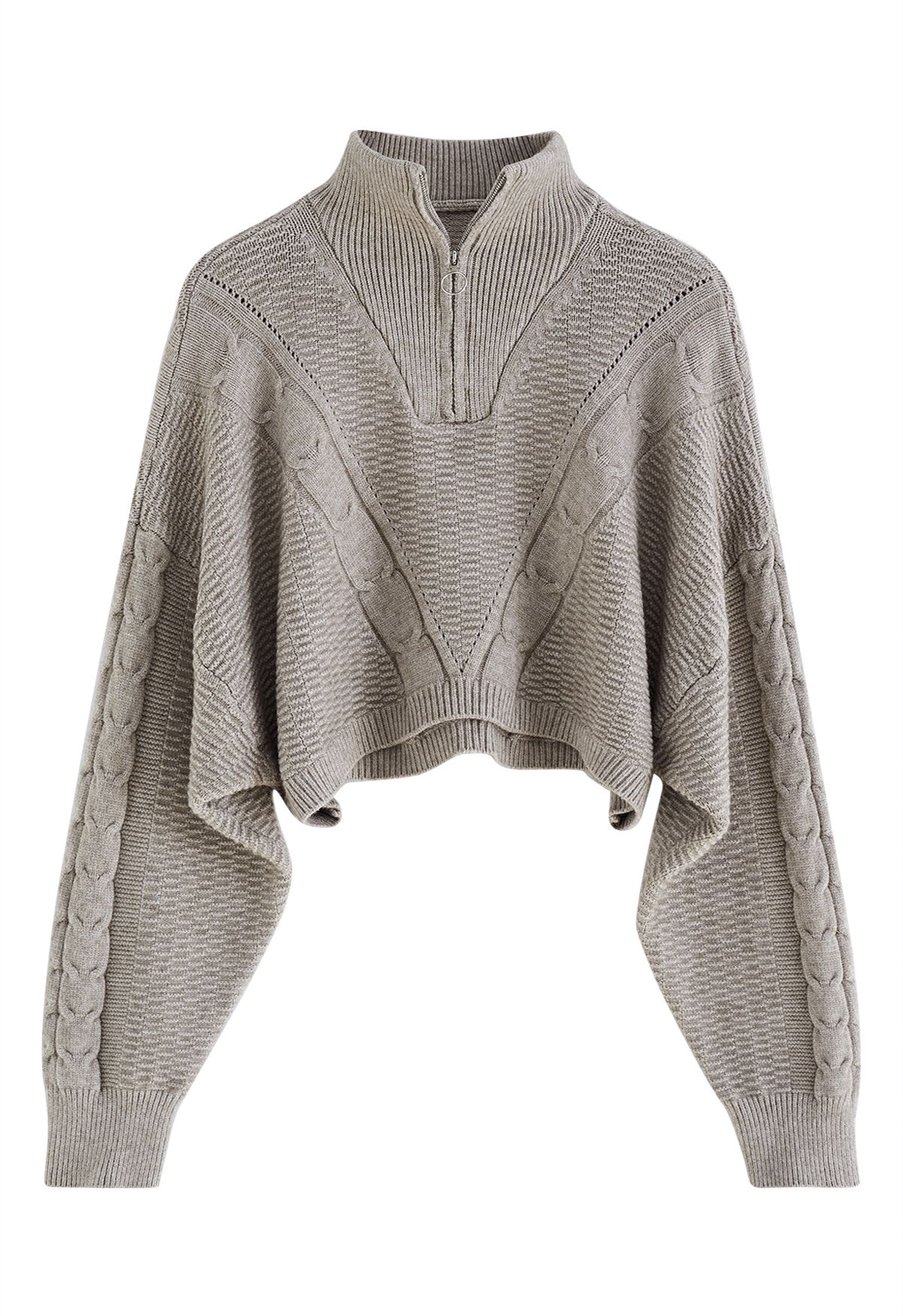 Zipper Neck Embossed Braided Knit Crop Top in Taupe