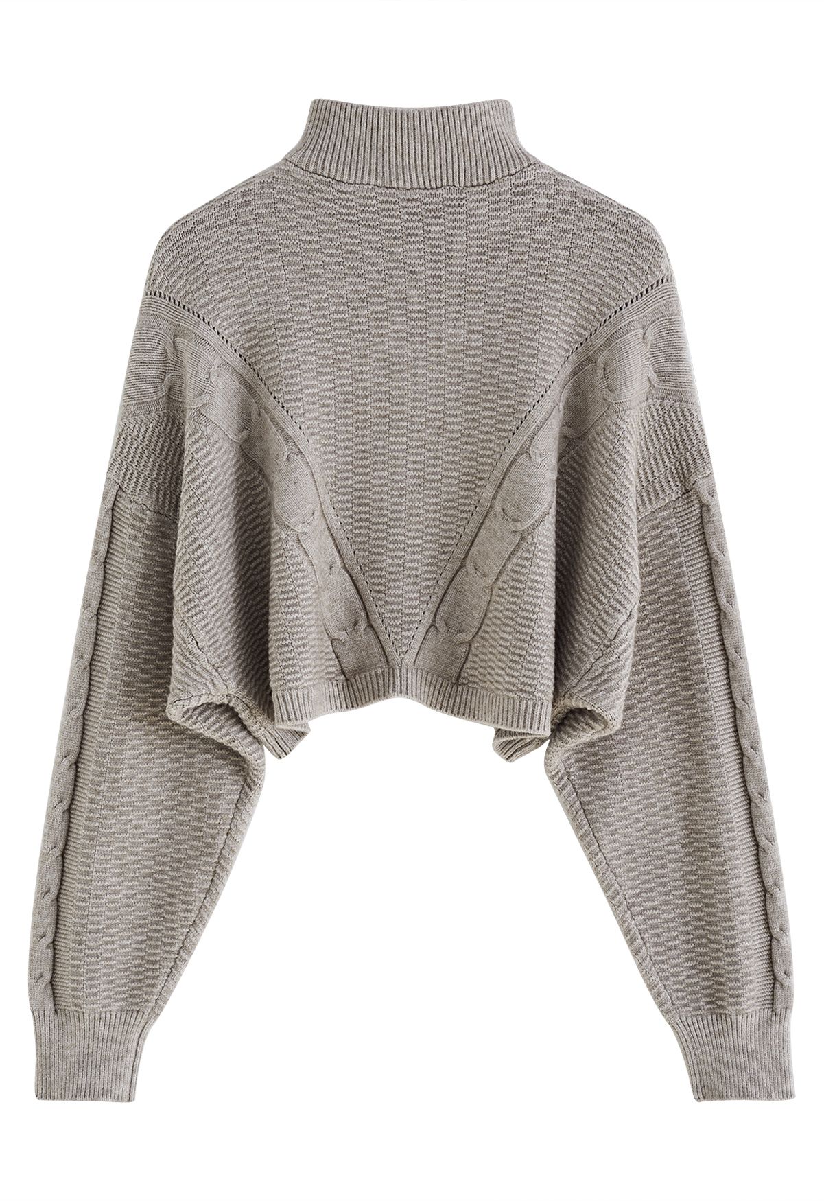 Zipper Neck Embossed Braided Knit Crop Top in Taupe