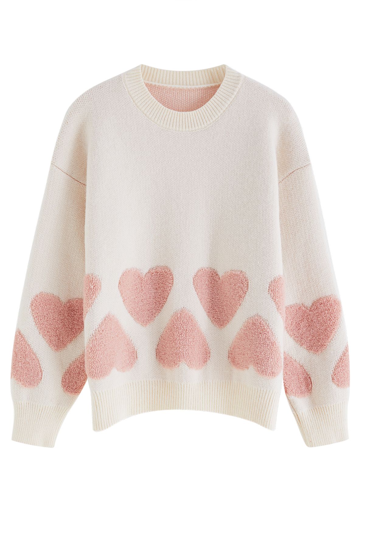 Tender Fuzzy Heart Jacquard Knit Sweater in Ivory