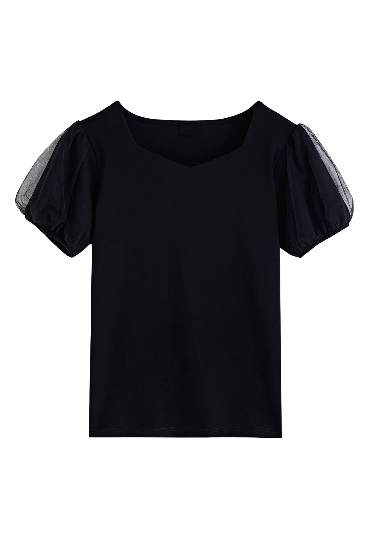 Square Neck Mesh Bubble Sleeves Top in Black