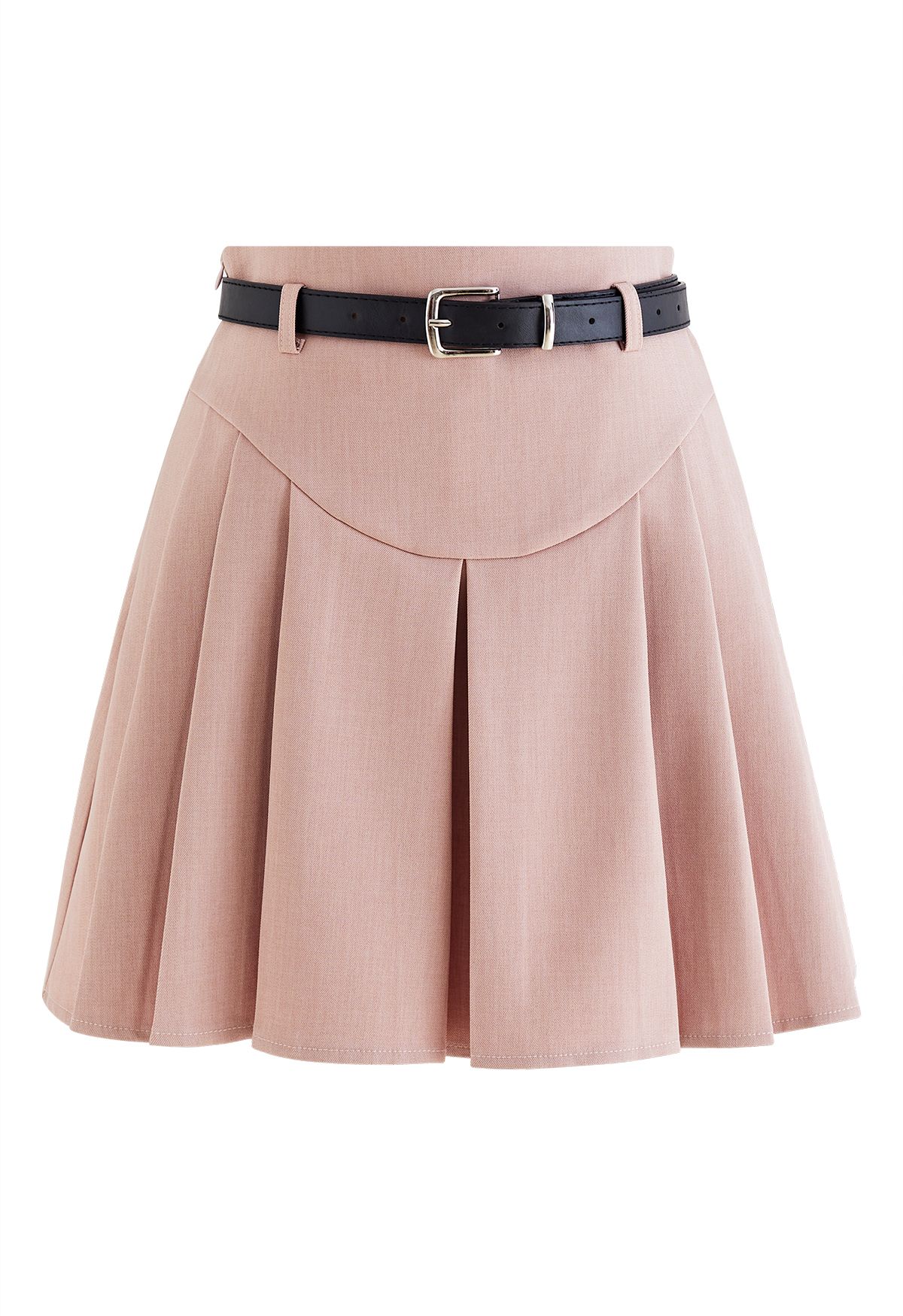 Seam Detailing Belted Pleated Mini Skirt in Pink