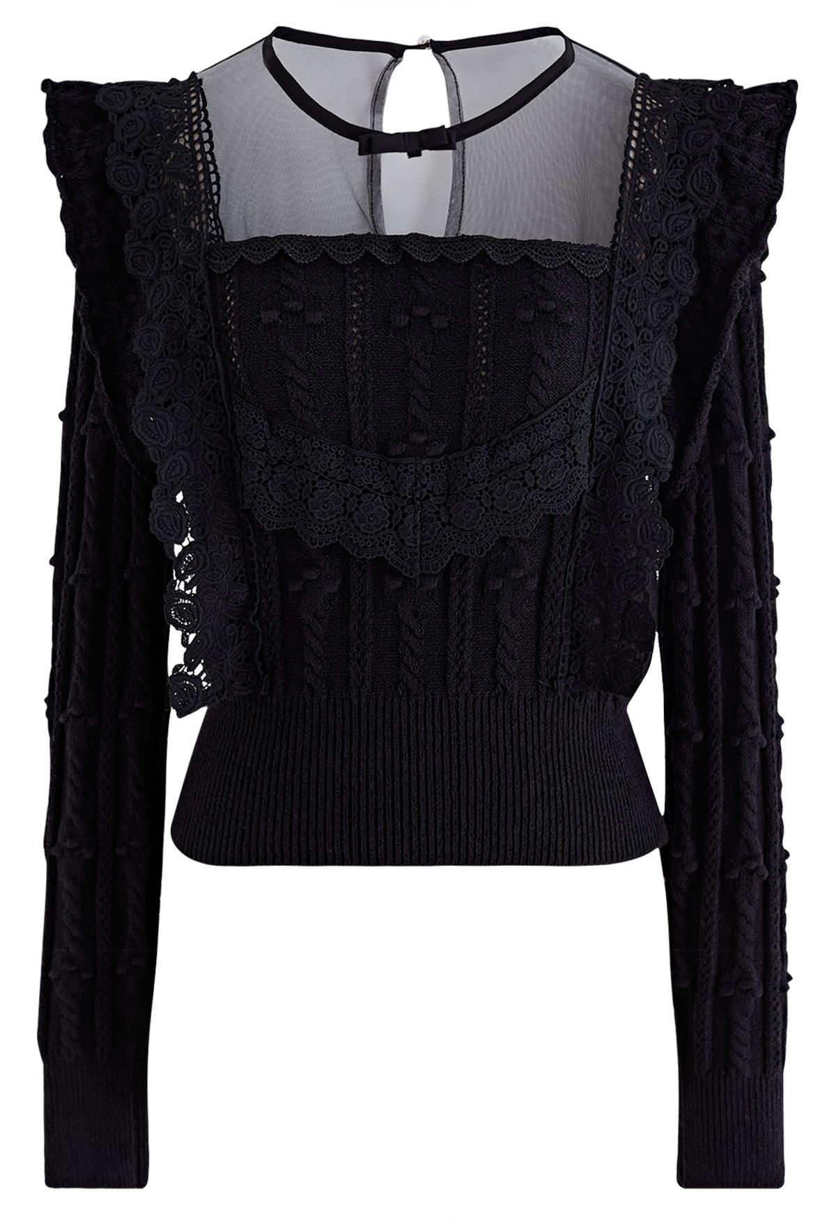 Glamorous Mesh Spliced Knit Top in Black