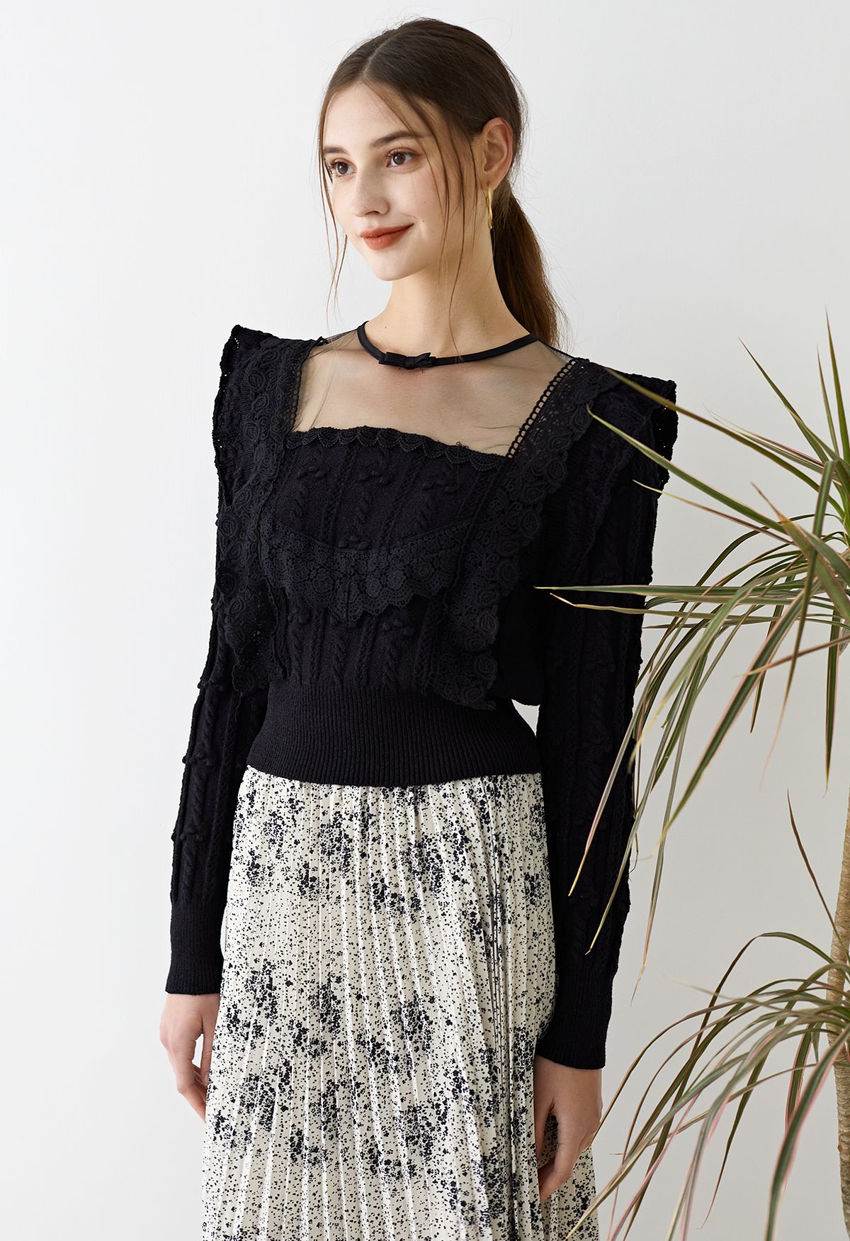 Glamorous Mesh Spliced Knit Top in Black