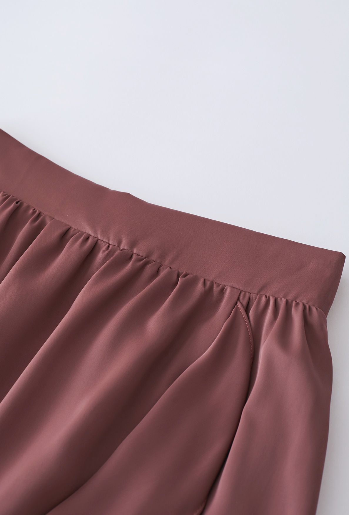 Ruffle Asymmetric Satin Midi Skirt in Rust Red