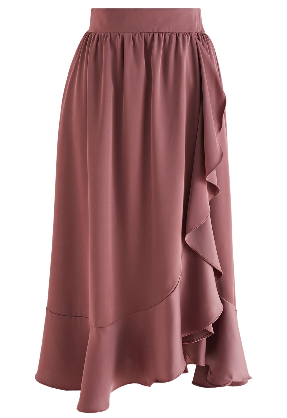 Ruffle Asymmetric Satin Midi Skirt in Rust Red