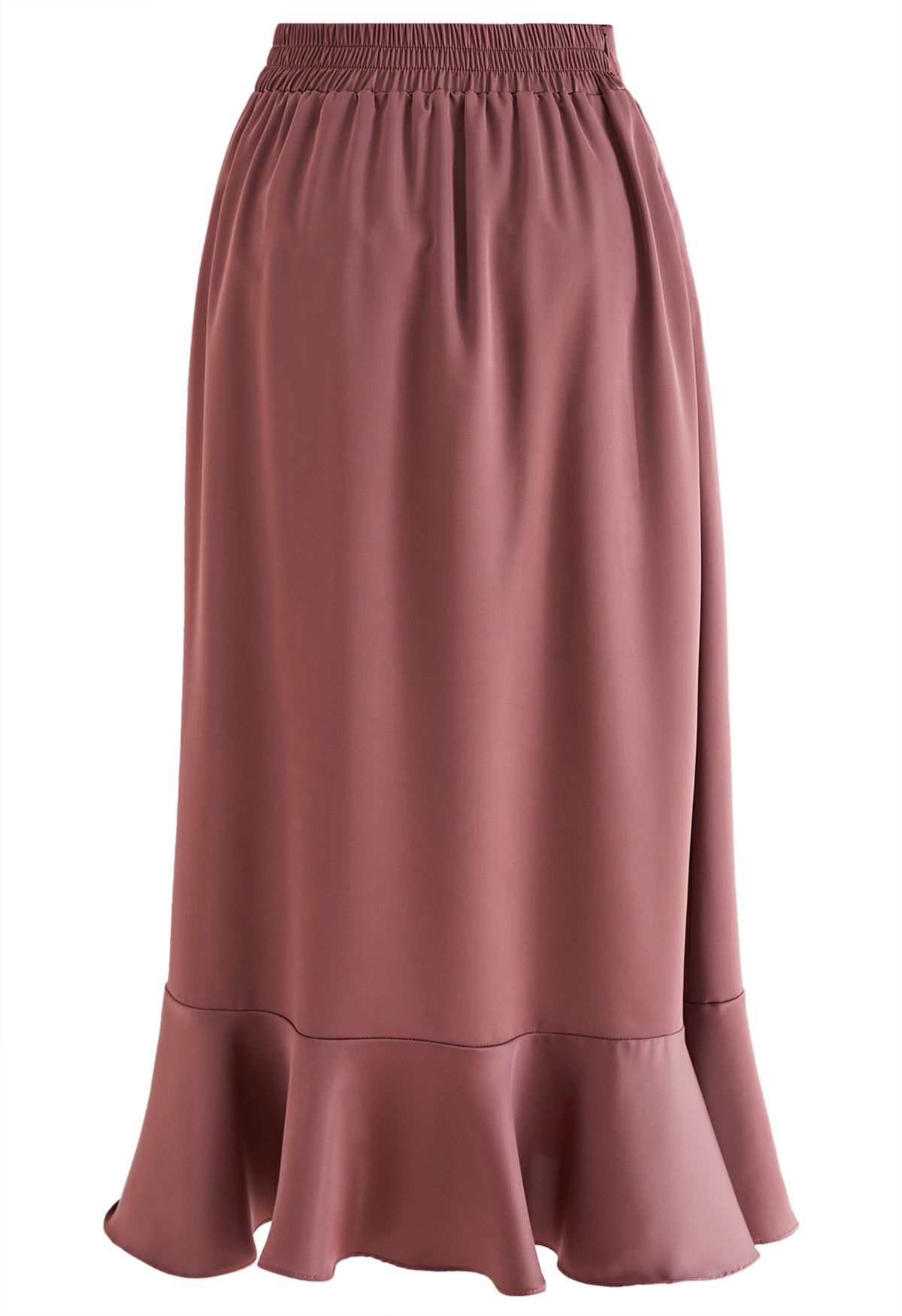 Ruffle Asymmetric Satin Midi Skirt in Rust Red