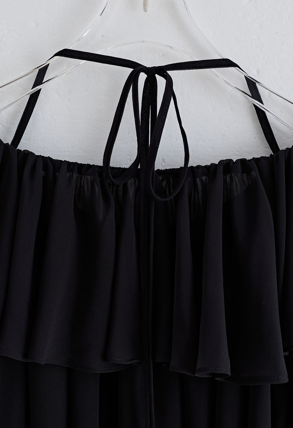 Tie Neck Ruffle Off-Shoulder Chiffon Top in Black