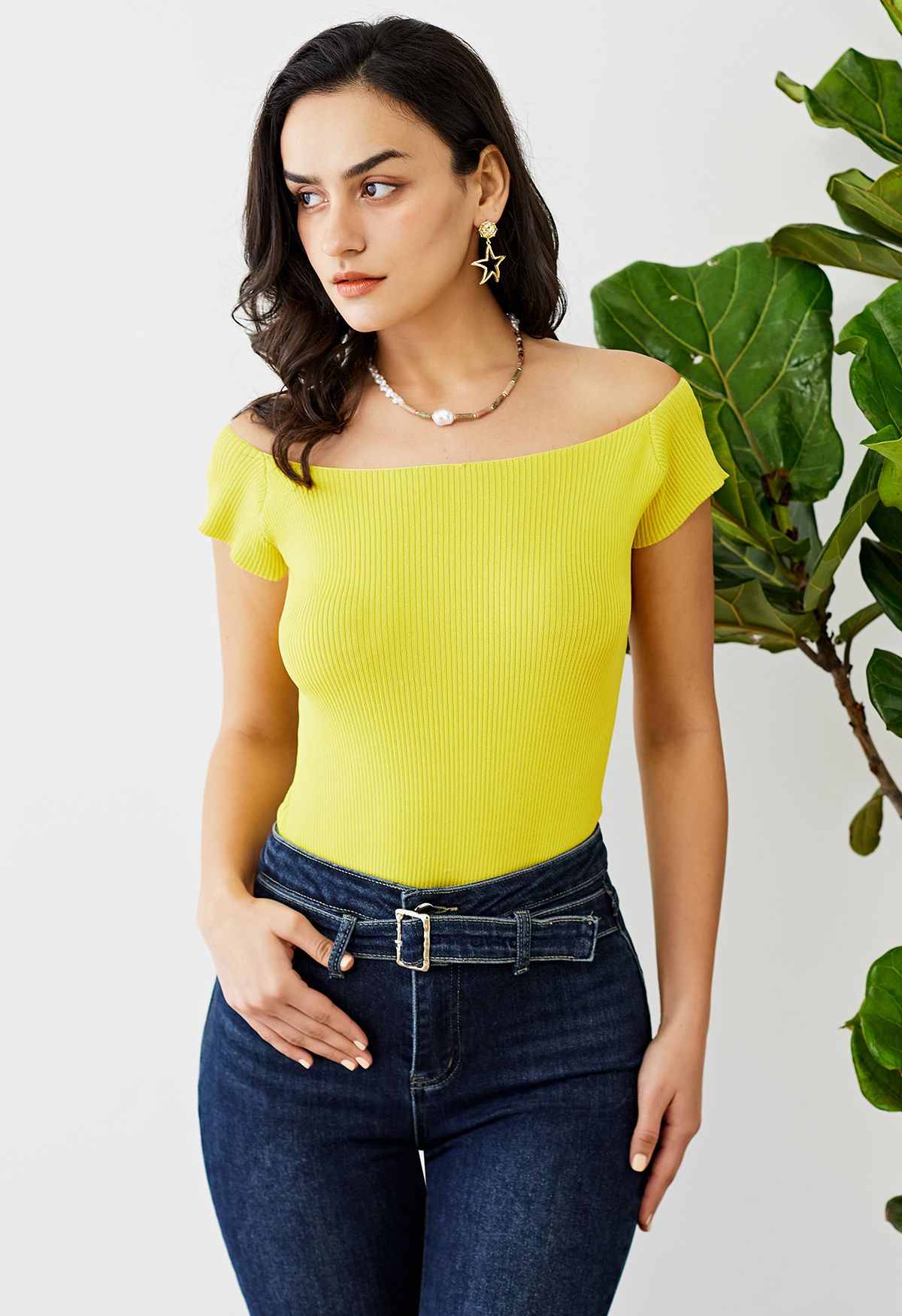 Boat Neck Rib Knit Crop Top in Yellow