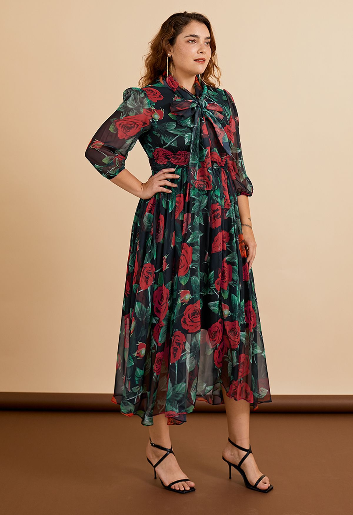 Rose Print Asymmetric Hem Chiffon Maxi Dress