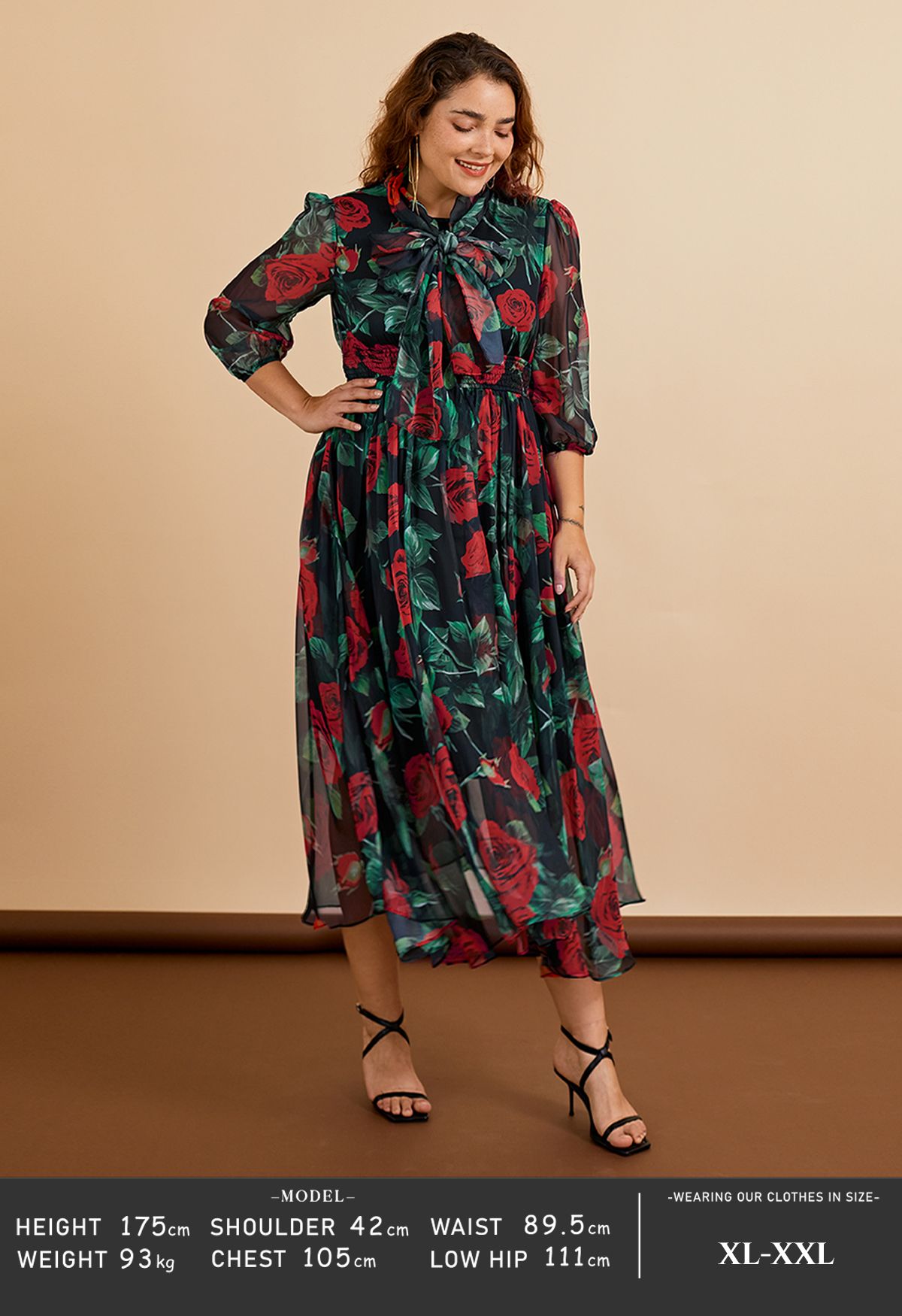 Rose Print Asymmetric Hem Chiffon Maxi Dress