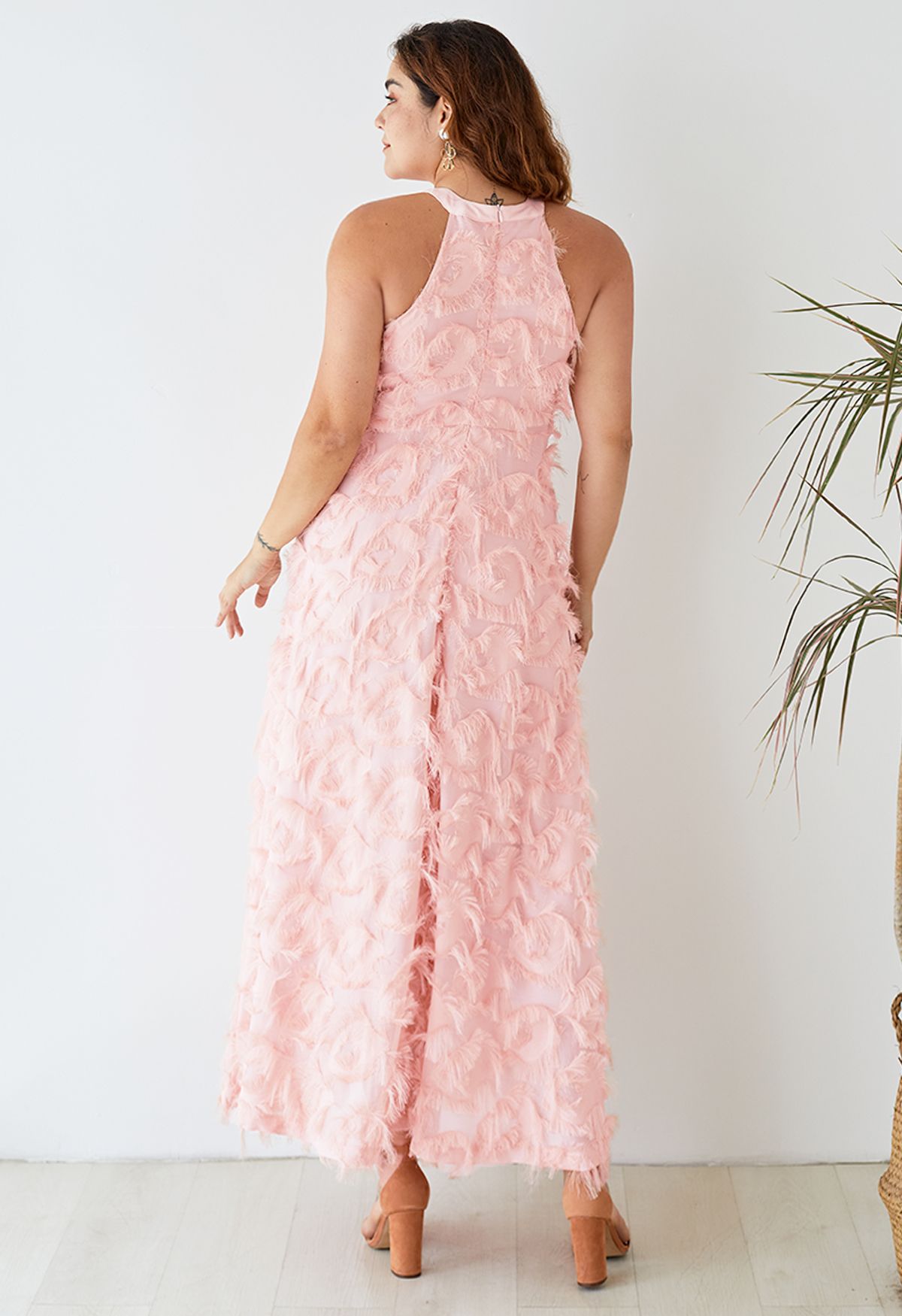 Dancing Feathers Tassel Halter Neck Maxi Dress in Pink 